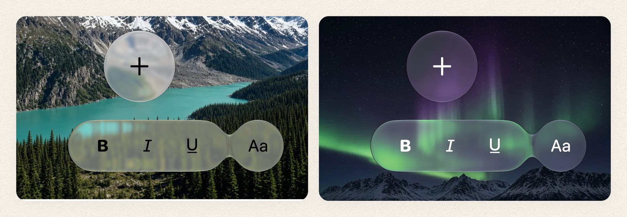 Merging glass shapes in light and dark appearances
