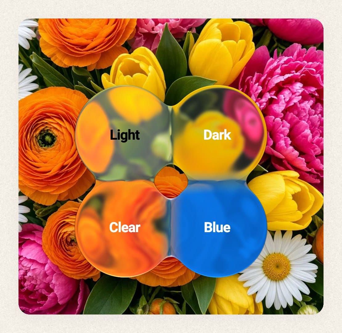 Light, dark, clear and blue glass sharing one layer