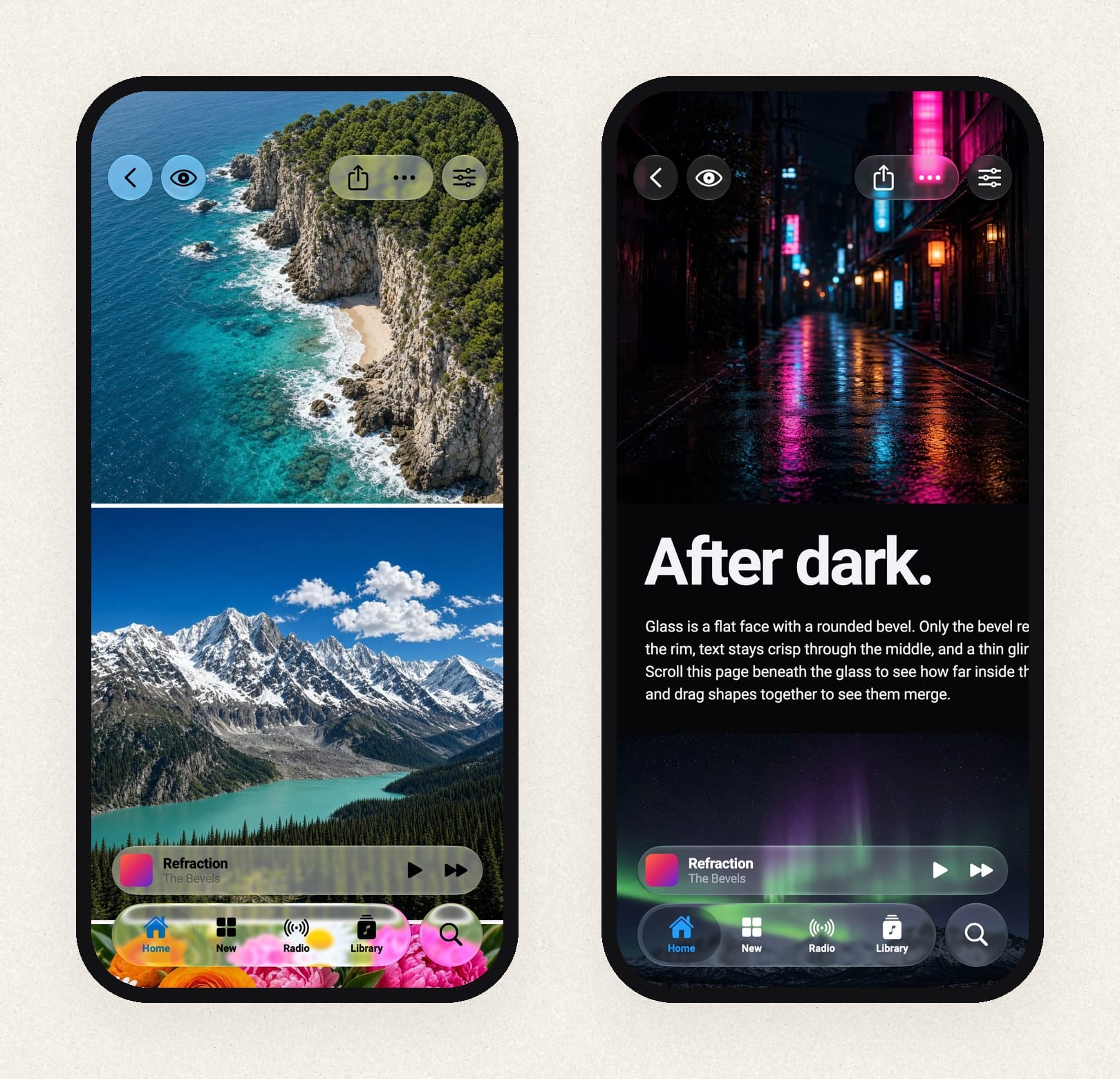 The example app in light and dark mode, with glass toolbar buttons, a now-playing bar and a tab bar over photos