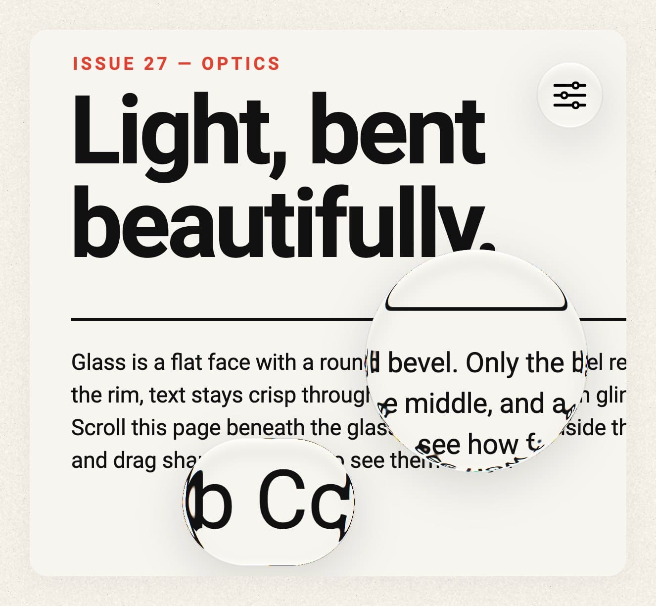 The text loupe and a round magnifier over an article