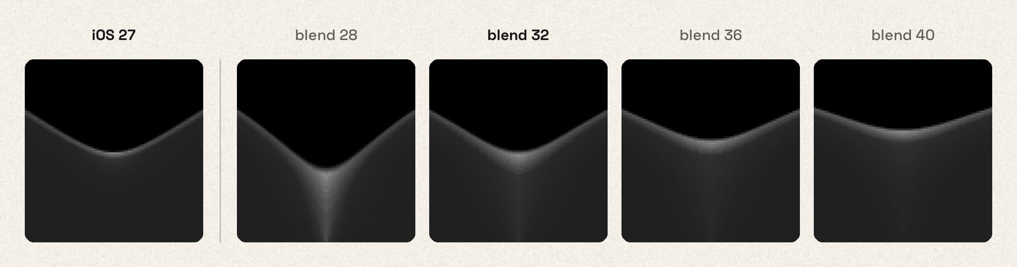 The bridge between two merging shapes in iOS 27 next to ours with blend radii from 28 to 40